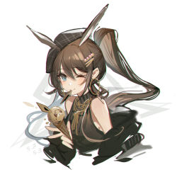 Rule 34 | 1girl, alternate costume, amiya (arknights), animal ears, arknights, bare shoulders, blue eyes, blush, brown hair, commentary, earrings, food, hair ornament, hairclip, hat, highres, ice cream, ice cream cone, jacket, jewelry, off shoulder, ponytail, rabbit ears, solo, symbol-only commentary, turtleneck, wenquangua