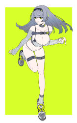 Rule 34 | 1girl, absurdres, belt buckle, bikini, black choker, blunt bangs, breasts, buckle, choker, cleavage, commentary request, full body, green eyes, green nails, grey footwear, grey hair, grey socks, hairband, highres, large breasts, leg up, long hair, mole, mole on breast, nail polish, original, shoes, simple background, sleeves past wrists, sneakers, socks, solo, swimsuit, tarou2, thigh strap