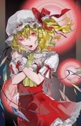 Rule 34 | 1girl, ascot, blonde hair, bow, crystal, crystal wings, curly hair, eyelashes, fangs, flandre scarlet, frilled cuffs, frilled headwear, frilled skirt, frills, hair between eyes, hat, hat bow, highres, looking at viewer, mob cap, multicolored wings, one side up, open mouth, puffy short sleeves, puffy sleeves, red bow, red eyes, red skirt, red vest, shirt, short sleeves, skirt, skirt set, sleeve bow, touhou, ue toono (atano), vampire, vest, white headwear, white shirt, wings, wrist cuffs, yellow ascot