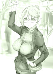 Rule 34 | 1girl, ass, bag, between breasts, breasts, commentary request, elf, female focus, glasses, green theme, hair up, handbag, indoors, jacket, large breasts, looking at viewer, monochrome, original, pencil skirt, pointy ears, ribbed sweater, skirt, smile, solo, standing, strap between breasts, sweater, train, train interior, turtleneck, turtleneck sweater, ueyama michirou