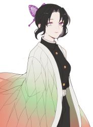 Rule 34 | 1girl, 5ya ngi, belt, black hair, butterfly-shaped pupils, butterfly hair ornament, closed mouth, cowboy shot, floating hair, from side, hair ornament, haori, highres, japanese clothes, kimetsu no yaiba, kochou shinobu, long sleeves, looking at viewer, pants, parted bangs, purple eyes, sidelocks, simple background, smile, solo, symbol-shaped pupils, uniform, white background