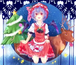 Rule 34 | 1girl, bad id, bad pixiv id, bat wings, blue hair, blush, bow, christmas, christmas tree, fang, hat, hat bow, open mouth, red eyes, reindeer, remilia scarlet, shikke (1877944), short hair, skirt basket, solo, touhou, wings