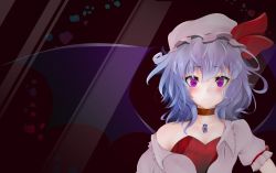 Rule 34 | 1girl, absurdres, ankh (ankh 05), blue hair, blush, bow, choker, eyelashes, fang, frown, hat, hat bow, highres, jewelry, light, lips, mob cap, off shoulder, open clothes, pendant, purple eyes, remilia scarlet, solo, touhou, wallpaper