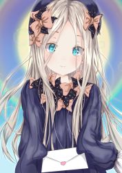 Rule 34 | 1girl, abigail williams (fate), absurdres, black bow, black dress, black headwear, blonde hair, blue eyes, blush, bow, closed mouth, dress, fate/grand order, fate (series), forehead, highres, letter, long hair, long sleeves, looking at viewer, love letter, mike3284, orange bow, outstretched arms, parted bangs, polka dot, polka dot bow, ribbed dress, sleeves past fingers, sleeves past wrists, smile, solo