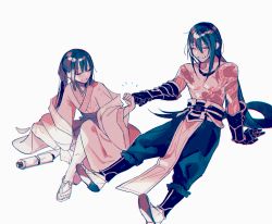 Rule 34 | 1boy, 1girl, black hair, black pants, blush, chinese clothes, closed eyes, commentary request, fate/grand order, fate (series), fist bump, full body, gauntlets, grin, hair between eyes, hanfu, jing ke (fate), katagiri (mighty swing), long hair, long sleeves, pants, sandals, scroll, simple background, sitting, smile, tattoo, topless male, very long hair, white background, wide sleeves, yan qing (fate)