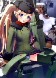 Rule 34 | 1girl, blonde hair, blue eyes, fur hat, hat, kuroba (f-15c eagle), long hair, mecha musume, military, military vehicle, motor vehicle, original, panties, russian text, solo, soviet, striped clothes, striped panties, t-34, t34/76, tank, twintails, underwear, vehicle, weapon