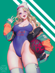 Rule 34 | 1girl, :d, adidas, ball, bare shoulders, basketball, basketball (object), beanie, blonde hair, blush, breasts, cleavage, covered erect nipples, covered navel, fang, gluteal fold, hat, highleg, highleg leotard, highres, jacket, leotard, long hair, looking at viewer, love cacao, nail polish, open mouth, original, purple eyes, red nails, sleeves past wrists, smile, solo, teeth, thighhighs, w, white thighhighs