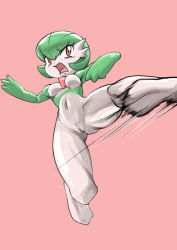 Rule 34 | 1girl, antiair, armpits, arms up, breasts, creatures (company), female focus, foreshortening, full body, game freak, gardevoir, gen 3 pokemon, green hair, highres, jumping, kicking, looking up, medium breasts, motion lines, navel, nintendo, no nipples, open mouth, pink background, pokemon, pokemon (creature), pokemon rse, pussy, red eyes, short hair, simple background, solo, spread legs, uncensored
