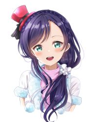Rule 34 | 1girl, :d, absurdres, black bow, blush, bow, braid, commentary request, cropped torso, crown braid, fur-trimmed jacket, fur-trimmed sleeves, fur trim, green eyes, hair ornament, hair scrunchie, hat, head tilt, highres, jacket, long hair, looking at viewer, love live!, love live! school idol project, mini hat, mini top hat, open clothes, open jacket, open mouth, pink shirt, purple hair, red hat, round teeth, scrunchie, shirt, short sleeves, simple background, sin (sin52y), smile, snow halation, solo, swept bangs, teeth, tilted headwear, tojo nozomi, top hat, upper body, upper teeth only, white background, white jacket, white scrunchie