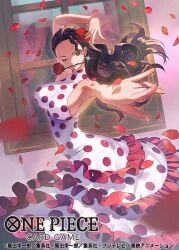 Rule 34 | 1girl, black hair, commentary request, dress, earrings, english text, flamenco dress, flower, flower in mouth, hair flower, hair ornament, jewelry, long hair, mixed-language commentary, mouth hold, official art, one eye closed, one piece, one piece card game, otton, outdoors, petals, polka dot, polka dot dress, red flower, sleeveless, sleeveless dress, smile, solo, viola (one piece)