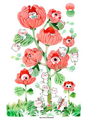 Rule 34 | . ., :&lt;, :o, animal, artist name, axe, cat, chestnut mouth, climbing, closed eyes, closed mouth, commentary, english commentary, eyeball, flower, flying sweatdrops, grass, hanging, holding, holding axe, leaf, limited palette, lying, maruti bitamin, no humans, on flower, open mouth, original, outdoors, painting (medium), parted lips, red flower, signature, sitting, traditional media, undersized animal, water drop, watercolor (medium), white cat