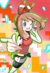 Rule 34 | 1girl, ;d, black shorts, blue eyes, blush, bow, brown hair, creatures (company), emapippi, fanny pack, game freak, hair bow, holding, holding poke ball, looking at viewer, may (pokemon), nintendo, one eye closed, open mouth, pointing, poke ball, pokemon, pokemon oras, red bow, red shirt, shirt, shorts, shorts under shorts, sleeveless, sleeveless shirt, smile, solo, teeth, upper teeth only, white shorts
