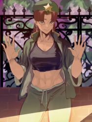 Rule 34 | 1girl, abs, alternate costume, braid, cowboy shot, day, drawstring, earrings, fence, green pupils, hands up, highres, hong meiling, hotoke party, jewelry, long hair, looking at viewer, navel, open clothes, open shirt, outdoors, outstretched hand, pants, parted lips, red eyes, red hair, shade, shirt, solo, sports bra, spread fingers, stomach, teeth, toned, touhou, twin braids