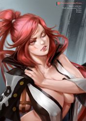 Rule 34 | 1girl, amputee, arc system works, baiken, bare shoulders, black jacket, black kimono, breasts, cleavage, commentary, english commentary, facial tattoo, firez, guilty gear, guilty gear xrd, jacket, jacket on shoulders, japanese clothes, kataginu, kimono, large breasts, looking at viewer, multicolored clothes, multicolored kimono, one-eyed, open clothes, open kimono, paid reward available, pink eyes, ponytail, red hair, samurai, scar, scar across eye, scar on face, tattoo, white kimono