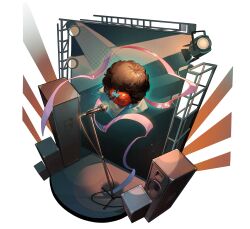 Rule 34 | afro, amplifier, apple, apple (reverse:1999), brown hair, cosplay, david bowie, david bowie (cosplay), floating, food, fruit, highres, lightning bolt symbol, microphone stand, no humans, official art, reverse:1999, scaffolding, spotlight, stage, stage lights, third-party source