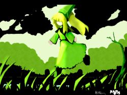 Rule 34 | 1girl, blonde hair, dress, fairy, female focus, field, full body, grass, green theme, hat, lily white, long hair, long sleeves, monochrome, nature, outdoors, plant, ponytail, running, solo, tate eboshi, touhou, tree