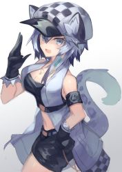 Rule 34 | 1girl, animal ears, arknights, armband, bandeau, bare shoulders, black bandeau, black gloves, black shorts, cabbie hat, checkered clothes, checkered headwear, cliffheart (arknights), feet out of frame, gloves, grey eyes, hair ribbon, hand on own hip, hand up, hat, highres, jacket, jewelry, leopard ears, leopard tail, looking at viewer, midriff, multicolored hair, necklace, open clothes, open jacket, open mouth, ribbon, sasa onigiri, short hair, short shorts, shorts, simple background, sleeveless, sleeveless jacket, solo, tail, tress ribbon