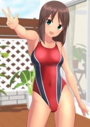 Rule 34 | 1girl, absurdres, alice gear aegis, breasts, brown hair, cleavage, collarbone, commentary request, competition swimsuit, contrapposto, cowboy shot, dark skin, dark-skinned female, fence, green eyes, highres, kaneshiya sitara, looking at viewer, medium breasts, one-piece swimsuit, plant, red one-piece swimsuit, sliding doors, smile, solo, standing, swimsuit, takafumi, v