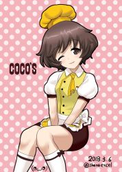 Rule 34 | 10s, 1girl, absurdres, akiyama yukari, alternate costume, apron, ascot, bow legwear, brown eyes, brown hair, brown skirt, chef hat, coco&#039;s, collared shirt, commentary request, copyright name, dated, frilled apron, frills, girls und panzer, hat, highres, invisible chair, kneehighs, knees together feet apart, light smile, looking at viewer, messy hair, miniskirt, one-hour drawing challenge, one eye closed, parted lips, pencil skirt, pink background, polka dot, polka dot background, print socks, puffy short sleeves, puffy sleeves, shiina excel, shirt, short hair, short sleeves, signature, sitting, skirt, socks, solo, twitter username, v arms, waist apron, waitress, white apron, white socks, yellow ascot, yellow hat, yellow shirt