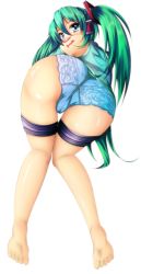 Rule 34 | 1girl, ass, bad feet, barefoot, blue eyes, feet, from behind, full body, green hair, hatsune miku, highres, kawasumi, long hair, looking back, panties, simple background, solo, thigh strap, twintails, underwear, vocaloid