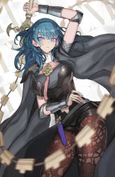 Rule 34 | 1girl, arm above head, armor, black shirt, blouse, blue eyes, blue hair, blurry, breasts, brown pantyhose, byleth (female) (fire emblem), byleth (fire emblem), cape, clothing cutout, cowboy shot, dagger, depth of field, detached collar, fire emblem, fire emblem: three houses, hair between eyes, knife, lace, lace-trimmed legwear, lace trim, mins (minevi), navel, navel cutout, nintendo, pantyhose, pantyhose under shorts, shirt, short shorts, shorts, skirt, solo, sword of the creator, thighs, weapon, whip sword