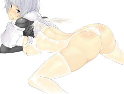 Rule 34 | 1girl, all fours, armor, ass, back, bad id, bad pixiv id, blue eyes, blush, breast press, breasts, butt crack, fantasy earth zero, female focus, grey eyes, leotard, looking back, see-through, short hair, simple background, solo, spread legs, thighhighs, thong leotard, toshi makoto, white background, white hair, white thighhighs