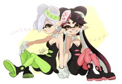 Rule 34 | + +, 2girls, bare shoulders, black dress, black footwear, black hair, black jumpsuit, boots, breasts, callie (splatoon), cleavage, closed mouth, cousins, detached collar, dress, earrings, eighth note, fangs, gloves, gradient hair, green legwear, grin, holding hands, inkling, isamu-ki (yuuki), jewelry, jumpsuit, long hair, looking at viewer, marie (splatoon), medium breasts, mole, mole under eye, multicolored hair, multiple girls, musical note, nintendo, object on head, pantyhose, pantyhose under shorts, pink hair, pink legwear, pointy ears, short jumpsuit, shorts, shorts under dress, sitting, smile, splatoon (series), splatoon 1, strapless, strapless dress, suction cups, symbol-shaped pupils, teeth, two-tone hair, very long hair, white gloves, yellow eyes