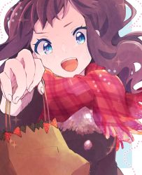 Rule 34 | 1girl, :d, alternate costume, bag, blue eyes, brown coat, brown hair, buttons, coat, commentary request, creatures (company), eyelashes, game freak, hand up, highres, hilda (pokemon), holding, holding bag, long hair, looking at viewer, misha (ohds101), nintendo, open mouth, plaid, plaid scarf, pokemon, pokemon bw, red scarf, scarf, sidelocks, smile, solo, sparkle, teeth, tongue, upper body, upper teeth only
