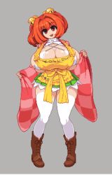 Rule 34 | 1girl, alternate breast size, apron, bell, boots, breasts, checkered clothes, checkered kimono, curvy, full body, hair bell, hair ornament, huge breasts, japanese clothes, kimono, long sleeves, looking at viewer, lowres, miniskirt, motoori kosuzu, namako daibakuhatsu, pigeon-toed, pixel art, red eyes, red hair, simple background, skindentation, skirt, smile, solo, standing, thighhighs, thighs, touhou, wide sleeves