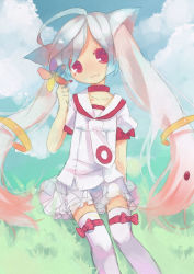 Rule 34 | 10s, 1girl, :3, absurdres, ahoge, animal ears, bad id, bad pixiv id, blue hair, bow, choker, cloud, colored eyelashes, facial mark, female focus, flower, gradient hair, grass, highres, kyubey, long hair, mahou shoujo madoka magica, mahou shoujo madoka magica (anime), miebao, multicolored hair, nail polish, nature, no nose, outdoors, personification, plant, red eyes, sailor collar, sitting, sketch, skirt, sky, solo, thighhighs, very long hair, white hair, white thighhighs, zettai ryouiki