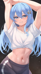 Rule 34 | 1girl, absurdres, aoi zerii, arms up, blue eyes, blue hair, blush, breasts, hair between eyes, highres, hololive, hoshimachi suisei, long hair, looking at viewer, navel, shirt, smile, solo, star (symbol), star in eye, symbol in eye, virtual youtuber, wet, white shirt