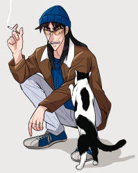 Rule 34 | 1boy, beanie, blue footwear, blue hat, blue shirt, bomber jacket, brown jacket, cat, cigarette, commentary request, fukumoto nobuyuki (style), full body, grey background, grey pants, hat, highres, holding, holding cigarette, itou kaiji, jacket, kaiji, long hair, long sleeves, looking at animal, male focus, medium bangs, official style, open clothes, open jacket, open mouth, pants, parody, pointy nose, shirt, shoes, simple background, slav squatting, smoking, sneakers, solo, squatting, style parody, sunglasses, usarinko