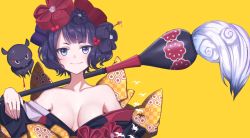 Rule 34 | 1girl, blue eyes, breasts, calligraphy brush, fate/grand order, fate (series), highres, japanese clothes, katsushika hokusai (fate), kimono, off shoulder, over shoulder, paintbrush, purple hair, simple background, smile, solo, vivid (key), yellow background