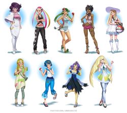 Rule 34 | 6+girls, :&lt;, :d, acerola (pokemon), bag, black hair, black pants, blonde hair, blue eyes, blue hair, blue pants, blush, braid, brown eyes, commentary, creatures (company), crossed arms, crossed legs, dark-skinned female, dark skin, dress, english commentary, flip-flops, flower, frown, game freak, glasses, green eyes, green hair, hair flower, hair ornament, hand on own hip, hat, high heel sandals, high heels, highres, ladle, lana (pokemon), lillie (pokemon), long hair, low twintails, lusamine (pokemon), mallow (pokemon), mina (pokemon), mleth, multicolored hair, multiple girls, nintendo, olivia (pokemon), open mouth, pants, paw pose, pink-framed eyewear, pink hair, plumeria (pokemon), poke ball, pokemon, pokemon sm, purple eyes, purple hair, sandals, short hair, shoulder bag, simple background, sketchbook, slippers, smile, stomach tattoo, sun hat, tattoo, triangle mouth, twin braids, twintails, two-tone hair, very long hair, watson cross, white background, wicke (pokemon), yellow eyes