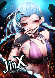Rule 34 | 1girl, bare shoulders, beancurd, belt, blue hair, braid, building, bullet, bullet necklace, character name, fingerless gloves, flat chest, gloves, hairline, highres, jewelry, jinx (league of legends), league of legends, long hair, looking at viewer, midriff, necklace, red eyes, smile, solo, tattoo, tongue, twin braids