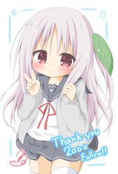 Rule 34 | 1girl, black sailor collar, black skirt, blush, closed mouth, commentary request, fuyuno usako, grey hair, grey jacket, hair between eyes, hair ornament, hands up, highres, jacket, leaf hair ornament, long hair, long sleeves, milestone celebration, neck ribbon, one side up, open clothes, open jacket, original, pleated skirt, red eyes, red ribbon, ri-net, ribbon, sailor collar, school uniform, serafuku, shirt, signature, skirt, sleeves past wrists, smile, solo, thank you, thighhighs, v, very long hair, white background, white shirt, white thighhighs