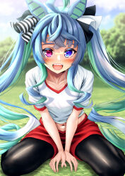 Rule 34 | 1girl, absurdres, ahoge, animal ears, aqua hair, black pantyhose, black ribbon, blue eyes, blue hair, blue sky, blurry, blurry background, commentary request, crossed bangs, day, drill hair, grass, gym shirt, gym shorts, gym uniform, hair ribbon, heterochromia, highres, horse ears, horse girl, horse tail, long hair, manu lee, midriff, multicolored hair, navel, on ground, open mouth, outdoors, pantyhose, pantyhose under shorts, partial commentary, purple eyes, red shorts, ribbon, sharp teeth, shirt, short sleeves, shorts, sidelocks, sitting, sky, solo, sweat, t-shirt, tail, teeth, twin turbo (umamusume), twintails, two-tone hair, umamusume, v arms, wariza