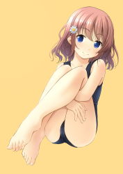 Rule 34 | 1girl, bare arms, bare legs, bare shoulders, barefoot, black one-piece swimsuit, blush, brown background, brown hair, closed mouth, collarbone, commentary request, flower, full body, hair between eyes, hair flower, hair ornament, highres, hugging own legs, knees up, legs, long hair, old school swimsuit, one-piece swimsuit, original, school swimsuit, shibacha, simple background, smile, solo, swimsuit, thighs, white flower