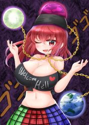 Rule 34 | 1girl, bare shoulders, blush, breasts, chain, choker, cleavage, clothes writing, collarbone, commentary request, covered erect nipples, cowboy shot, crop top, earth (ornament), gold chain, hecatia lapislazuli, highres, large breasts, long hair, looking at viewer, midriff, moon (ornament), multicolored clothes, multicolored skirt, navel, one eye closed, open mouth, purple background, red eyes, red hair, riru neko, shirt, skirt, smile, solo, touhou