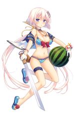 Rule 34 | 1girl, :o, bikini, blue eyes, blush, bow, bow bikini, bracelet, breasts, chestnut mouth, cleavage, food, fruit, full body, gloves, highres, hirado castle, holding, holding sword, holding weapon, jewelry, large breasts, long hair, looking at viewer, mole, mole on breast, navel, necklace, official art, open clothes, open shirt, parted lips, pink hair, polka dot, polka dot bikini, purple eyes, sandals, shirohime quest, shirt, solo, swimsuit, sword, transparent background, very long hair, watermelon, weapon, white gloves