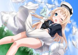 Rule 34 | 1girl, beret, blonde hair, blue eyes, blue sailor collar, blush, bow, bow panties, bra, breasts, commentary request, dress, frills, gloves, hair between eyes, hat, holding, jervis (kancolle), kantai collection, long hair, looking at viewer, neko danshaku, no panties, off-shoulder dress, off shoulder, open mouth, panties, pantyshot, sailor collar, sailor dress, sailor hat, short sleeves, small breasts, solo, standing, underwear, white dress, white gloves, wind, wind lift