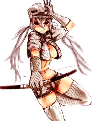 Rule 34 | 1girl, arrow (projectile), at2., blush, bow (weapon), breasts, cleavage, closed mouth, elbow gloves, gloves, grey gloves, grey hair, grey thighhighs, highres, holding, holding arrow, holding bow (weapon), holding weapon, large breasts, long hair, looking at viewer, low twintails, minecraft, navel, personification, short shorts, shorts, skeleton (minecraft), sketch, solo, thighhighs, twintails, weapon