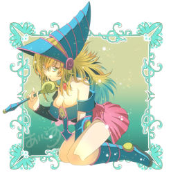 Rule 34 | 1girl, aikosu (icos), aqua eyes, bare shoulders, blonde hair, blue footwear, blue hat, boots, breasts, cleavage, dark magician girl, duel monster, full body, gradient background, hat, holding, holding wand, kneeling, large breasts, long hair, looking at viewer, solo, wand, wizard hat, yu-gi-oh!, yu-gi-oh! duel monsters