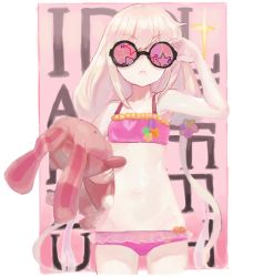 Rule 34 | 1girl, adjusting eyewear, bad id, bad pixiv id, bare arms, bare shoulders, bikini, blonde hair, breasts, closed mouth, cowboy shot, facing viewer, frilled swimsuit, frills, frown, futaba anzu, glasses, hand on eyewear, hand up, holding, holding stuffed toy, idolmaster, idolmaster cinderella girls, long hair, low twintails, navel, pink bikini, small breasts, solo, sparkle, standing, stuffed animal, stuffed rabbit, stuffed toy, suisogenshi, swimsuit, twintails, very long hair