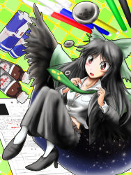 Rule 34 | 1girl, absurdres, black hair, bow, breasts, buttons, cleavage, contemporary, dress shirt, energy drink, female focus, formal, hair bow, highres, long hair, medium breasts, navel, necktie, open collar, open mouth, pantyhose, radiation symbol, red bull, red eyes, reiuji utsuho, shirt, skirt, skirt suit, solo, suit, tamasan, touhou, wings