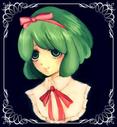Rule 34 | 1girl, black background, bow, child, closed mouth, danganronpa: trigger happy havoc, danganronpa (series), eyebrows hidden by hair, green eyes, green hair, hair bow, hair ribbon, hairband, headband, matching hair/eyes, bowtie, neck ribbon, red bow, red hairband, red headband, red headwear, red ribbon, ribbon, simple background, smile, towa monaca, white background