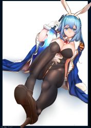 Rule 34 | 10s, 1girl, absurdres, animal ears, black border, black pantyhose, blue eyes, blue hair, blush, border, braid, breasts, brown footwear, chiyo goya, cleavage, closed mouth, detached collar, dutch angle, fake animal ears, female focus, frown, full body, fur trim, gloves, glowing, glowing sword, glowing weapon, granblue fantasy, high heels, highres, holding, holding sword, holding weapon, jacket, jacket on shoulders, large breasts, leotard, long hair, looking at viewer, matching hair/eyes, neck ribbon, pantyhose, playboy bunny, rabbit ears, ribbon, shadow, shoes, signature, sitting, solo, sword, therese (granblue fantasy), weapon, white background, white gloves