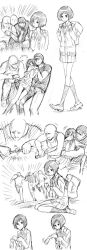 Rule 34 | 1girl, 3boys, backpack, bag, bald, comic, covering another&#039;s mouth, fumitan (humitan), greyscale, hand over another&#039;s mouth, hand over mouth, hat, highres, long sleeves, looking at viewer, miniskirt, monochrome, multiple boys, original, prank, running, school bag, school uniform, short hair, silent comic, simple background, sitting, sketch, skirt, sleeves past wrists, tank top, tied sleeves, tying, wariza, white background
