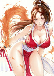 Rule 34 | 1girl, arm guards, bare shoulders, breasts, brown eyes, brown hair, cleavage, commentary request, fatal fury, fire, folding fan, hand fan, high ponytail, highres, holding, holding fan, japanese clothes, large breasts, leaning forward, legs, long hair, looking at viewer, ninja, pelvic curtain, ponytail, revealing clothes, rope, shiny skin, shiranui mai, sideboob, smile, solo, the king of fighters, thighs, traditional media, yosaku vs hina