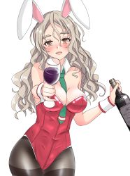 Rule 34 | 1girl, absurdres, alcohol, animal ears, between breasts, black pantyhose, bottle, breasts, brown eyes, cleavage, commentary request, cowboy shot, cup, detached collar, drinking glass, fake animal ears, green necktie, grey hair, hair between eyes, highres, kantai collection, leotard, looking at viewer, medium breasts, necktie, nitamako (sakamalh), open mouth, pantyhose, playboy bunny, pola (kancolle), rabbit ears, red leotard, solo, strapless, strapless leotard, teeth, thick eyebrows, thighband pantyhose, upper teeth only, wavy hair, white background, wine, wine bottle, wine glass, wrist cuffs